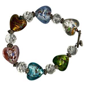 VTG Multicolor Glass Foil Crystal Beads Heart Bangle Bracelet Silver Tone